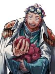  1boy antenna_hair black_eyes coat coat_on_shoulders commentary_request epaulettes fingernails food fruit holding holding_food holding_fruit kalk0011 koby_(one_piece) looking_at_viewer male_focus one_piece pink_hair round_eyewear simple_background solo teeth white_background 