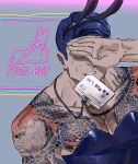  1boy animal_ears arm_tattoo black_leotard blue_hair chest_tattoo commentary_request covering_own_eyes fake_animal_ears highres id_card lanyard leotard male_focus male_playboy_bunny matsuda_ryota mouth_hold muscular muscular_male pectorals rabbit_ears short_hair solo strapless strapless_leotard sweat tattoo toshi_densetsu_kaitai_center upper_body yochiyochi 