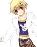  blonde_hair child child_gilgamesh fate/hollow_ataraxia fate/stay_night fate_(series) gilgamesh male_focus midriff mirucream red_eyes smile younger 