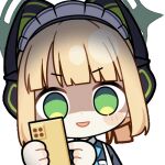  1girl :d animal_ear_headphones animal_ears animated animated_gif apron aqua_bow aqua_bowtie black_dress blonde_hair blue_archive blunt_bangs blunt_ends blush_stickers bow bowtie cat_ear_headphones cat_ears cellphone chibi chunye_haruya collared_dress commission contrast_collar disembodied_hand dot_nose dress evil_smile fake_animal_ears green_eyes green_halo halo headphones holding holding_phone index_finger_raised looking_at_phone lowres maid maid_apron maid_headdress midori_(blue_archive) midori_(maid)_(blue_archive) missing_commentary no_pupils official_alternate_costume official_alternate_hairstyle open_mouth phone ponytail second-party_source shaded_face short_hair sidelocks simple_background smartphone smile solo transparent_background upper_body v-shaped_eyebrows white_apron white_headdress 