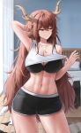  1girl abs animal_ears arm_behind_head arm_up armpits bare_arms bare_shoulders black_bra black_shorts bra breasts cleavage closed_mouth clothes_lift contrapposto cowboy_shot diana_(trickcal) expressionless hand_in_own_hair hand_up highres horns indoors large_breasts lazb. lifting_own_clothes looking_to_the_side navel red_eyes shirt shirt_lift short_shorts shorts sleeveless sleeveless_shirt solo stomach trickcal underwear white_shirt 
