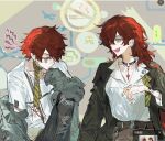  ... 1boy 1girl :d belt black_coat breasts choker coat collarbone collared_shirt earrings hair_between_eyes jacket jewelry long_hair long_sleeves looking_at_another necklace necktie off_shoulder open_clothes open_coat open_jacket open_mouth original pants qyzhiaiyisheng red_hair shirt short_hair short_sleeves siblings sitting smile spoken_ellipsis striped_necktie teeth torn_clothes white_shirt yellow_eyes yellow_necktie 