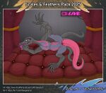 absurd_res animal_genitalia anthro art_pack cloaca curtains female generation_7_pokemon genitals gesture heyupyoursjr hi_res holding_leg live looking_at_viewer nintendo pokemon pokemon_(species) presenting salazzle scalesandfeatherspack2025 solo tongue tongue_out