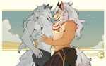  2boys abs afk_(series) afk_journey animal_ears artist_logo artist_name blue_sky chippy_(afk) claws cloud earrings english_commentary fangs faramor_(afk) from_side furry furry_male grass hand_on_another&#039;s_stomach highres jewelry kou_(ixkouu) logo male_focus multiple_boys navel open_mouth pectorals profile shakir_(afk) sky tail thumbs_up toned toned_male topless_male wolf_boy wolf_ears wolf_tail yaoi 