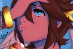 1boy alternate_skin_color androgynous angel angel_wings artist_name blue_background blue_eyes bracer brown_hair close-up colored_skin commentary covering_one_eye dandadan derivative_work english_commentary feathered_wings fingernails hair_between_eyes highres hikarinotenshi.arts instagram_username kid_icarus kid_icarus_uprising laurel_crown lips male_focus pink_skin pit_(kid_icarus) portrait pout sidelocks signature solo split_mouth watermark white_wings wings 