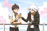  2boys against_railing ahoge artist_request bag black_pants blue_clouds blue_ribbon blue_sky breast_pocket brown_hair character-themed_food closed_mouth cloud collared_shirt cookie danganronpa_(series) danganronpa_3_(anime) day drawstring food green_eyes green_jacket green_necktie hair_between_eyes heterochromia hinata_hajime holding holding_bag hood hood_down hooded_jacket jacket komaeda_nagito long_sleeves male_focus mechanical_arms multiple_boys necktie official_alternate_eye_color official_art open_clothes open_jacket open_mouth outdoors pants pink_clouds plastic_bag pocket poster_(medium) prosthesis prosthetic_arm railing red_eyes ribbon shirt short_hair short_sleeves single_mechanical_arm sky smile spiked_hair spoilers standing sweatdrop third-party_source white_hair white_shirt 