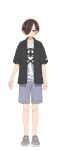  1boy black_shirt blue_eyes blue_shorts boku_no_kokoro_no_yabai_yatsu closed_mouth collared_shirt full_body hair_over_one_eye highres ichikawa_kyoutarou looking_at_viewer official_art print_shirt shirt shirt_under_shirt shoes short_hair shorts simple_background skull_print sneakers solo standing transparent_background white_shirt white_shoes 