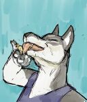 2012 anthro blue_background blue_clothing blue_shirt blue_topwear brown_hair canid canine canis claws clothing colored duo eyes_closed eyewear eyewear_on_head female forced fur generation_1_pokemon goggles goggles_on_head grey_body grey_fur guide_lines hair hi_res holding_prey imminent_oral_vore imminent_vore jeri_kleinlowe licking licking_another licking_prey macro macro_female male male/female mammal micro micro_male nintendo open_mouth pikachu pokemon pokemon_(species) sharp_teeth shirt simple_background teeth tongue tongue_out topwear white_body white_fur wolf yellow_body yellow_fur