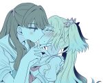  2girls aqua_neckerchief blonde_hair blue_hair blue_theme blush brown_hair closed_mouth commentary_request dress ear_blush flower fujishima_megumi gradient_hair hair_flower hair_intakes hair_ornament hand_on_another&#039;s_back hasu_no_sora_school_uniform highres holding_hands interlocked_fingers kiss link!_like!_love_live! lone_nape_hair long_hair love_live! mira-cra_park! multicolored_hair multiple_girls neckerchief osawa_rurino pink_flower puffy_short_sleeves puffy_sleeves purple_eyes red_neckerchief sailor_collar sailor_dress school_uniform short_sleeves simple_background summer_uniform sweat twintails two_side_up upper_body virtual_youtuber watage_modoki white_background white_dress white_sailor_collar yuri 