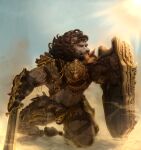 anthro arm_scar armor black_hair chest_scar clothed clothing day dust_yang facial_scar felid front_view grey_body hair hi_res holding_melee_weapon holding_object holding_shield holding_sword holding_weapon kneeling lion male male_anthro mammal melee_weapon mouth_closed multiple_piercings muscular muscular_anthro muscular_male narrowed_eyes navel navel_piercing orange_eyes outside pantherine piercing scar shield sky solo sword weapon