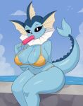 2025 5_fingers absurd_res anthro belly big_breasts bikini biped black_eyes black_nose blue_body blue_tail breasts clothing cloud day eeveelution eyebrows eyelashes female fingers food generation_1_pokemon golden_week hi_res holding_food holding_object holding_popsicle nintendo outside pokemon pokemon_(species) pokemorph popsicle pupils sea sitting sky solo superbage swimwear tail thick_thighs two-piece_swimsuit vaporeon water white_pupils wide_hips yellow_bikini yellow_clothing yellow_swimwear