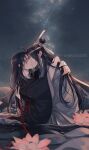  2boys ahoge alternate_hairstyle artist_name bishounen black_hair black_hanfu chinese_clothes closed_eyes couple english_commentary flower french_kiss from_side hair_down hanfu headband highres holding holding_ribbon hug kiss lan_wangji light_particles lily_pad long_hair long_sleeves lotus lotus_leaf male_focus minataka94 modao_zushi multiple_boys night night_sky outdoors partially_submerged pink_flower profile red_ribbon red_sash ribbon robe sash shooting_star sky star_(sky) starry_sky topknot upper_body very_long_hair water watermark wei_wuxian wet wet_face white_hanfu white_headband wide_sleeves xiao_guan_(headdress) yaoi 