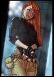  1girl artist_name belt black_gloves black_leotard breasts brown_belt brown_pants covered_nipples fingerless_gloves ganassa gloves green_eyes highres kim_possible kim_possible_(series) leotard long_hair medium_breasts pants patreon_logo patreon_username red_hair skin_tight solo toned toned_female web_address 