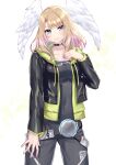  1girl black_bodysuit black_jacket blonde_hair blue_eyes bodysuit breast_tattoo breasts commentary_request cowboy_shot eunie_(xenoblade) green_hoodie head_wings highres hood hoodie jacket large_breasts leather leather_jacket open_clothes open_hoodie open_jacket shinae simple_background solo tattoo white_background white_wings wings xenoblade_chronicles_(series) xenoblade_chronicles_3 