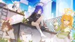  4girls animal_ear_fluff animal_ears ayu_(user_xkhp7843) black_halo black_shirt blue_archive blue_eyes blue_hair blue_halo blue_sky brown_eyes brown_hair cat_ears cat_girl day fox_ears fox_girl hairband halo highres hood hoodie izuna_(blue_archive) long_hair looking_at_viewer mari_(blue_archive) mechanical_halo miyako_(blue_archive) multiple_girls open_mouth orange_hair pink_halo plant potted_plant shirt sitting sky socks standing white_hair white_hairband white_hoodie white_socks yellow_halo yuuka_(blue_archive) 
