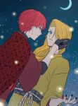  2boys asymmetrical_bangs black_gloves blue_eyes braid crescent_moon deidara_(naruto) fireflies gloves grin hair_over_one_eye hand_in_another&#039;s_hair hayamin35 highres implied_yaoi japanese_clothes kimono looking_at_viewer male_focus moon multiple_boys naruto_(series) naruto_shippuuden night night_sky official_alternate_costume parted_lips red_eyes red_hair sasori_(naruto) short_hair side_braid single_braid sky smile star_(sky) star_(symbol) star_print yukata 