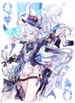  2girls absurdres asymmetrical_gloves black_gloves blue_eyes blue_hair blue_hat cocoballking commentary drop-shaped_pupils focalors_(genshin_impact) from_behind furina_(genshin_impact) genshin_impact gloves hair_between_eyes half_gloves hat highres long_hair long_sleeves mismatched_gloves multicolored_hair multiple_girls simple_background smile symbol-shaped_pupils thigh_strap top_hat white_background white_gloves white_hair 