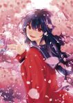  1girl black_hair black_sailor_collar brown_eyes cardigan cherry_blossoms highres igarashi_masakuni long_hair long_sleeves looking_at_viewer looking_back official_art open_mouth outdoors petals purple_hair red_cardigan red_eyes sailor_collar senryuu_shoujo shirt smile solo teeth upper_body waving white_shirt wind 