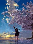 1girl arm_up brown_dress cherry_blossoms cherry_tree closed_eyes cloud cloudy_sky dress falling_petals full_body grin highres hisachan55cute horizon looking_at_viewer original petals pixel_art plant_roots ponytail reflective_floor scenery sky smile sunrise translation_request waving 