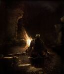  1boy armor bonfire_(dark_souls) campfire chosen_undead dark_souls_(series) dark_souls_i embers from_behind full_armor helmet highres knight official_art pauldrons ruins scan sheath shoulder_armor shoulder_plates single_pauldron sitting sword weapon 