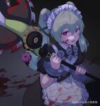  1girl absurdres apron black_dress blood blood_on_clothes blood_on_face blood_on_weapon charm_(object) chinese_commentary circular_saw commentary_request corin_wickes cuffs dress green_hair hair_between_eyes highres holding holding_weapon hongyouhuohuojitui long_hair looking_at_viewer maid maid_apron maid_headdress miyoushe_watermark open_mouth puffy_short_sleeves puffy_sleeves purple_eyes saw screw_hair_ornament short_sleeves solo twintails watermark weapon white_apron zenless_zone_zero 