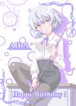  1girl aila_paivikki_linnamaa alternate_costume black_pantyhose blush desk happy_birthday highres holding holding_pointer looking_at_viewer luminous_witches nautilus_(artist) on_desk pantyhose pointer shirt short_hair sitting smile solo watermark white_hair white_shirt world_witches_series yellow_eyes 