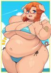 4_fingers akitaka anthro beach belly big_belly big_breasts big_butt bikini bikini_bottom bikini_top blue_bikini blue_clothing blue_eyes blue_swimwear blush bodily_fluids border breasts butt camel_toe clothing cloud curvy_figure dessert detailed_background domestic_pig eyebrows eyewear female fingers floppy_ears food freckled_butt freckled_face freckled_shoulders freckles genital_outline glasses glistening glistening_belly glistening_body glistening_breasts glistening_thighs hair half-rim_glasses holding_food holding_ice_cream_cone holding_object huge_breasts ice_cream ice_cream_cone kemono love_handles mammal navel nipple_outline open_mouth orange_hair pink_body portrait sky solo suid suine sus_(pig) sweat sweatdrop swimwear thick_thighs three-quarter_portrait three-quarter_view two-piece_swimsuit voluptuous vulva_outline water white_border wide_hips yellow_border