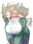  1boy 3girls animal_ears blue_skirt blush breasts brown_fur brown_hair buttons cerberus collarbone collared_shirt conjoined disembodied_hand dog_ears dog_girl fang full-face_blush green_jacket hair_over_eyes headpat heart highres jacket leaning_forward long_hair long_sleeves looking_at_another maikamiaka monster_girl multiple_girls multiple_heads open_clothes open_jacket open_mouth original petting pleated_skirt sharp_teeth shirt short_hair simple_background skirt surprised tail tail_wagging teeth tongue tongue_out white_background white_shirt wide-eyed 