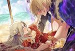  1boy 1girl armor beach blonde_hair blush bracelet breasts cleavage clenched_teeth commentary covered_navel dimitri_alexandre_blaiddyd dimitri_alexandre_blaiddyd_(timeskip) edelgard_von_hresvelg edelgard_von_hresvelg_(summer) fire_emblem fire_emblem:_three_houses fire_emblem_heroes flower food gauntlets hair_flower hair_ornament hair_ribbon hetero highres holding holding_spoon ice_cream jewelry long_hair lying medium_breasts necklace ocean official_alternate_costume on_back one-piece_swimsuit outdoors parted_bangs pendant purple_eyes purple_ribbon red_one-piece_swimsuit ribbon sand short_hair soma_otakuu spill spoon star_(symbol) star_necklace sweat swimsuit teeth thighs 