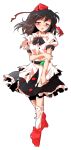  1girl black_bow black_bowtie black_hair black_skirt bow bowtie dairi defeat frilled_skirt frills full_body geta hat puffy_short_sleeves puffy_sleeves red_hat red_shoes shameimaru_aya shirt shoes short_sleeves simple_background skirt socks solo tachi-e tengu-geta tokin_hat torn_clothes torn_socks touhou transparent_background white_shirt white_socks 