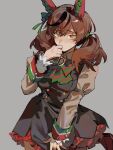  1girl akmizuk animal_ears black_dress bow bowtie breasts brown_eyes brown_hair brown_shirt commentary cowboy_shot diagonal-striped_bow diagonal-striped_bowtie diagonal-striped_clothes dress ear_covers english_commentary frilled_dress frills green_bow green_bowtie grey_background hair_tie hand_to_own_mouth highres horse_ears horse_girl juliet_sleeves long_sleeves multicolored_bow multicolored_bowtie nice_nature_(umamusume) puffy_sleeves red_bow red_bowtie shirt simple_background sleeve_cuffs sleeveless sleeveless_dress solo striped_bow striped_bowtie striped_clothes tail twintails two-tone_bow two-tone_bowtie umamusume 