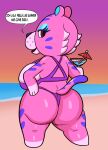 2025 animal_crossing anthro beach big_breasts big_butt bikini biped black_nose blue_eyeshadow blue_inner_ear breasts butt cheek_tuft claudia_(animal_crossing) clothing cocktail_garnish cocktail_glass cocktail_umbrella container cup dialogue digital_drawing_(artwork) digital_media_(artwork) dipstick_tail drinking_glass english_text eyelashes eyeshadow facial_tuft felid female fur fur_markings fur_tuft glass glass_container glass_cup hi_res holding_glass holding_object looking_back makeup mammal markings multicolored_body multicolored_fur narrowed_eyes nintendo open_mouth open_smile pantherine pink_body pink_fur purple_bikini purple_body purple_clothing purple_fur purple_swimwear purple_tail_tip sand sea smile solo someth1ngoranother speech_bubble standing swimwear tail tail_markings text tiger tuft two-piece_swimsuit water whisker_spots white_body white_fur