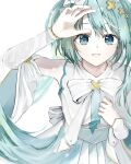  1girl aqua_eyes aqua_hair aqua_necktie aqua_skirt arm_up blush bow breasts commentary_request detached_sleeves hair_between_eyes hair_bow hair_ornament hand_on_own_chest hatsune_miku highres hiramado_miku kowareta_sekai_to_utaenai_miku long_hair long_sleeves looking_at_viewer necktie official_alternate_costume official_alternate_hairstyle open_mouth parted_lips pleated_skirt project_sekai simple_background skirt smile solo spoilers twintails upper_body very_long_hair vocaloid white_background x_hair_ornament yohirart 