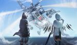  absurdres aircraft arknights attack_helicopter black_hair black_jacket black_pants blue_jacket cape character_request doctor_(arknights) exusiai_(arknights) from_behind gloves green_jacket hair_between_eyes helicopter highres hood hood_up jacket long_hair military_vehicle one_eye_closed pants pointy_ears red_eyes red_hair shale sunglasses white_cape white_gloves white_hair 