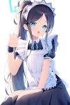  1girl :o absurdres apron aqua_eyes aqua_halo aris_(blue_archive) aris_(maid)_(blue_archive) back_bow between_legs black_dress black_hair black_wrist_cuffs blue_archive blue_ribbon bow bright_pupils claw_pose collared_dress contrast_collar dress eyelashes eyes_visible_through_hair fang frilled_apron frills halo hand_between_legs hand_up high_ponytail highres long_hair long_sidelocks looking_at_viewer maid maid_apron maid_headdress neck_ribbon official_alternate_costume official_alternate_hairstyle open_mouth parted_bangs ponytail puffy_short_sleeves puffy_sleeves rectangular_halo ribbon ringed_eyes shanguangyaoye short_sleeves sidelocks simple_background sitting skin_fang solo very_long_hair white_apron white_background white_bow white_headdress wrist_cuffs 