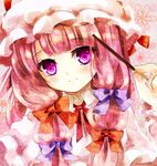  blush bow crescent dress food hair_ribbon hat long_hair looking_at_viewer patchouli_knowledge pocky puracotte purple_eyes purple_hair ribbon smile solo touhou 