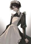  1boy absurdres alternate_costume apron arms_at_sides black_dress black_hair black_ribbon black_sleeves blunt_ends blurry closed_mouth collar collared_dress crossdressing depth_of_field dress enmaided eyeliner eyeshadow frilled_apron frilled_hairband frills genshin_impact hairband highres long_sleeves looking_at_viewer maid maid_apron maid_headdress makeup male_focus male_maid nero_hanken purple_eyes red_eyeliner red_eyeshadow ribbon scaramouche_(genshin_impact) solo watermark white_apron white_background white_collar white_hairband wispy_bangs 