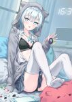  1girl :p ace_(playing_card) ace_of_hearts ace_of_spades animal_hood black_bra black_panties blue_bow blue_eyes blue_hair blush bow bra breasts card cat_hood clock collarbone collared_shirt commentary_request crossed_bangs curtains dice digital_clock grey_hoodie grey_skirt hair_between_eyes hand_up handheld_game_console heart highres holding hood hoodie indoors knees_up lace-trimmed_bra lace_trim long_sleeves looking_at_viewer monitor open_clothes open_shirt original panties parufeito pillow plaid_clothes plaid_skirt playing_card pleated_skirt shirt shirt_tucked_in short_hair sitting skirt sleeves_past_wrists small_breasts solo spade_(shape) stepping stuffed_toy thighhighs thighs tongue tongue_out unbuttoned underwear virtual_pet_(toy) white_shirt white_thighhighs window 