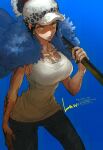  1girl arm_tattoo black_nails blue_background breasts character_name chest_tattoo cleavage earrings eyelashes feather_boa hand_tattoo highres holding holding_sword holding_weapon jewelry law-chan one_piece plytometo simple_background solo sword tattoo trafalgar_law weapon yellow_eyes 