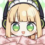  1girl :d animal_ear_headphones animal_ears animated animated_gif banknote blonde_hair blue_archive blunt_bangs blunt_ends blush_stickers cat_ear_headphones cat_ears chibi chunye_haruya commission dot_nose fake_animal_ears falling_money green_eyes green_halo halo headphones looking_at_viewer lowres maid_headdress midori_(blue_archive) midori_(maid)_(blue_archive) missing_commentary money official_alternate_costume official_alternate_hairstyle open_mouth ponytail second-party_source short_hair sidelocks simple_background smile solo transparent_background upper_body white_headdress 
