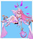  1girl ass bell black_shorts blue_background boots border breasts commentary corset crystal_shards desnvz diamond-shaped_pupils diamond_(shape) elf elysia_(herrscher_of_human:_ego)_(honkai_impact) elysia_(honkai_impact) gloves high_heel_boots high_heels highres holding holding_staff honkai_(series) honkai_impact_3rd knee_boots large_breasts long_hair pink_hair pointy_ears purple_eyes shorts solo staff symbol-shaped_pupils thighs veil very_long_hair white_boots white_border white_corset white_gloves white_veil 