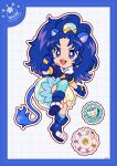  1girl animal_ear_fluff animal_ears animal_shoes ankle_socks aqua_socks asymmetrical_legwear big_hair blue_boots blue_border blue_choker blue_eyes blue_gloves blue_hair blue_jacket blue_skirt boots border bright_pupils bubble_skirt choker clenched_hands compact_(cosmetics) cosmetics crown crown_earrings cure_gelato dot_nose dotted_line earrings eyelashes food food-themed_clothes food-themed_hair_ornament food_print frilled_skirt frills full_body fur-trimmed_jacket fur_trim gloves gold_crown grey_background grid_background hair_ornament happy highres ice_cream ice_cream_cone jacket jewelry kirakira_precure_a_la_mode leg_up lion_ears lion_girl lion_tail long_hair magical_girl mini_crown miniskirt open_mouth outline over-kneehighs parted_bangs precure puffy_short_sleeves puffy_sleeves short_sleeves signature single_over-kneehigh single_sock single_thighhigh skirt smile socks solo tail tareme tategami_aoi teeth thighhighs two-tone_skirt upper_teeth_only uwded_207 v-shaped_eyebrows white_outline white_pupils white_skirt 