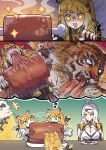  +_+ 1boy 2girls absurdres ahoge animal_ear_fluff animal_ears bow breasts cleavage colored_inner_hair eating fat fingerless_gloves gloves green_eyes hair_ornament highres jacket ju_fufu large_breasts long_hair multicolored_fur multicolored_hair multiple_girls orange_fur pan_yinhu panda_boy panda_ears round_eyewear sakana_(fishchunk) smile speech_bubble striped_fur tail tail_bow tail_ornament thought_bubble tiger tiger_ears tiger_girl tiger_stripes tiger_tail upper_body white_fur white_hair yellow_eyes yellow_jacket yin_yang_pin yixuan_(zenless_zone_zero) zenless_zone_zero 