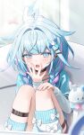  1girl absurdres ahoge akabino asymmetrical_legwear black_choker blue_eyes blue_hair blue_shirt blue_socks blunt_bangs blurry blurry_background braid choker commentary covering_own_mouth day hair_between_eyes hair_flaps hair_ornament hairclip hand_over_own_mouth highres hololive hololive_dev_is indoors knees_up layered_sleeves lightning_ahoge long_hair long_sleeves loose_socks low_twin_braids mizumiya_su multicolored_hair open_mouth pink_hair shirt short_over_long_sleeves short_sleeves sitting socks solo streaked_hair striped_clothes striped_socks symbol-only_commentary thigh_strap twin_braids uneven_legwear virtual_youtuber yawning 