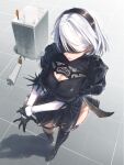  1girl 2b_(nier:automata) absurdres black_dress black_gloves black_mask black_thighhighs breasts cleavage cleavage_cutout clothing_cutout commentary_request dress from_above gloves headband highres juliet_sleeves large_breasts long_sleeves mole nier:automata nier_(series) pod_(nier:automata) puffy_sleeves short_hair smile_(qd4nsvik) thighhighs white_hair 