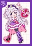  1girl ascot bag_bow black_thighhighs blunt_bangs boots border bow collared_dress crossed_legs cure_amour deformed dot_nose dotted_line dress dress_bow earrings electric_guitar eyelashes frilled_dress frilled_sleeves frills full_body gloves grid_background guitar hair_bow happy heart heart-shaped_bag heart_hands highres hugtto!_precure instrument jewelry lace-up_boots large_earrings lipstick long_hair looking_at_viewer magical_girl makeup mascara open_mouth outline pink_ascot pink_bag pink_bow platform_boots pom_pom_(clothes) pom_pom_earrings precure puffy_short_sleeves puffy_sleeves purple_boots purple_border purple_bow purple_dress purple_eyes purple_hair purple_sash red_bow red_lips ruru_amour sash short_dress short_sleeves signature smile solo standing thigh_boots thighhighs train_(clothing) uwded_207 very_long_hair waist_bag waist_sash white_background white_gloves white_outline white_sleeves zettai_ryouiki 