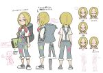  1girl arrow_(symbol) artist_request backpack bag blonde_hair blue_bag blue_overalls blue_shoes bright_pupils closed_eyes closed_mouth concept_art doodle_inset eyelashes from_behind from_side full_body grey_eyes holding holding_sketchbook mina_(pokemon) multiple_views official_art open_mouth overalls paint_in_hair paint_on_clothes paint_splatter paint_splatter_on_face pokemon pokemon_lgpe portrait shirt shoes short_sleeves sketchbook smile standing third-party_source thumbs_up translation_request twintails white_pupils white_shirt 