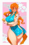  1girl blue_kimono border bow breasts gold hair_bow highres japanese_clothes kimono kukumomo large_breasts nami_(one_piece) official_alternate_costume one_piece orange_hair outside_border ponytail shiny_skin short_kimono shoulder_tattoo sleeveless sleeveless_kimono smile smirk solo tattoo thighs white_border 