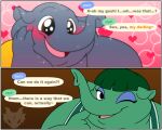 after_sex animal_crossing anthro blush bokeh border bra_strap brown_eyes chubby_cheeks comic dialogue dizzy_(animal_crossing) duo elephant elephantid english_text eyelashes eyeliner eyeshadow female green_hair hair heart_symbol hi_res jouigidragon makeup male mammal naive neck_rolls nintendo obese obese_anthro obese_female obese_male one_eye_closed opal_(animal_crossing) open_mouth open_smile overweight overweight_anthro overweight_female overweight_male proboscidean proboscis_(anatomy) smile sparkles text trunk_(anatomy) watermark white_border wink