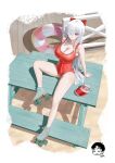  1girl bare_shoulders beach blush bow breasts cinderella_(nikke) cleavage covered_navel danny_marx goddess_of_victory:_nikke hair_bow hair_ornament hair_over_one_eye highres innertube large_breasts legs long_hair navel one-piece_swimsuit one_eye_covered parted_lips picnic_table red_bow red_eyes red_one-piece_swimsuit roller_skates sitting skates smile solo swim_ring swimsuit table thighs very_long_hair visor_cap white_hair 